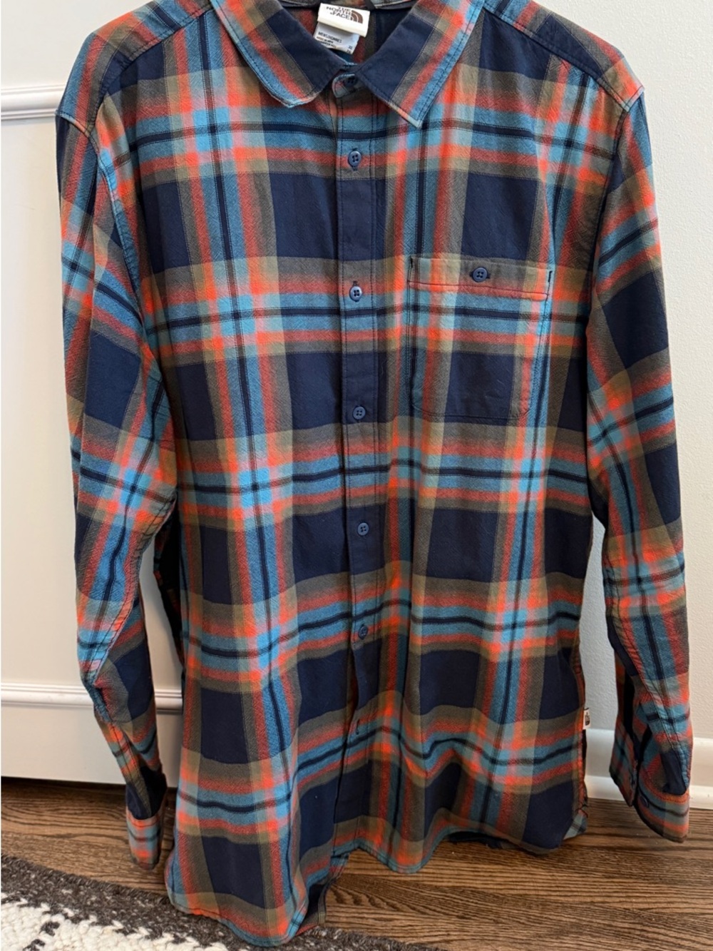 The North Face Men’s Navy Plaid Button-Down Shirt with Orange & Teal Accents